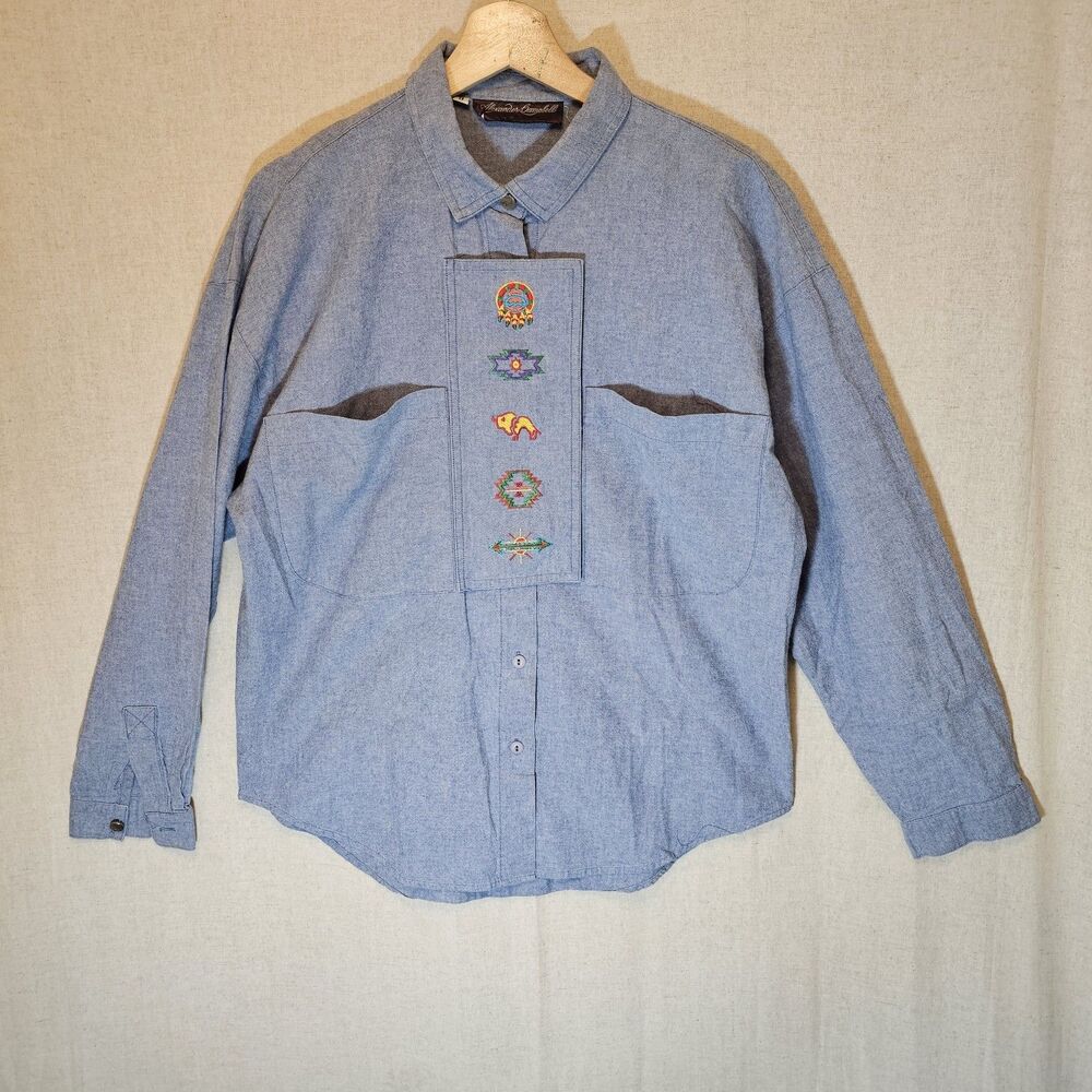 Alexander Campbell Vintage Southwestern Aztec Embroidered Chambray Denim Sz 8